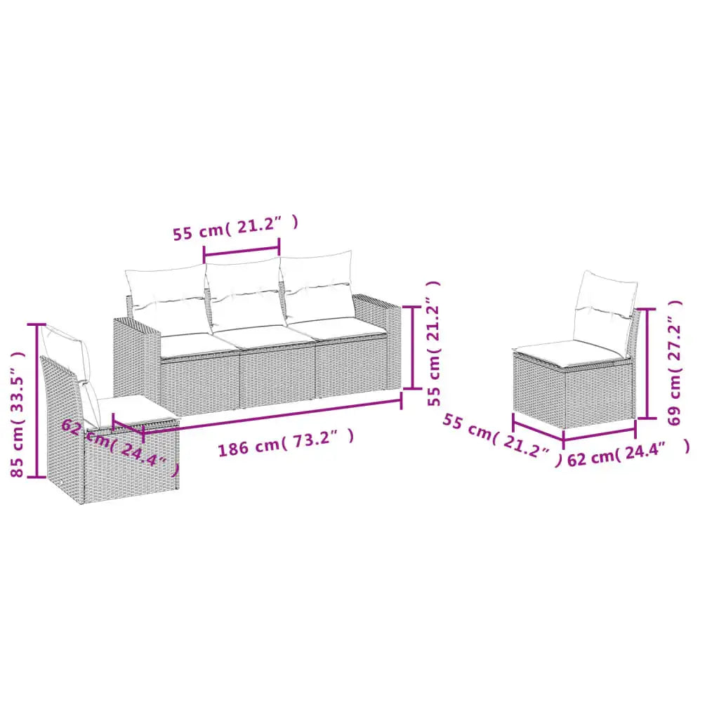 Set Divano da Giardino 5 pz con Cuscini Marrone in Polyrattan | homemem39