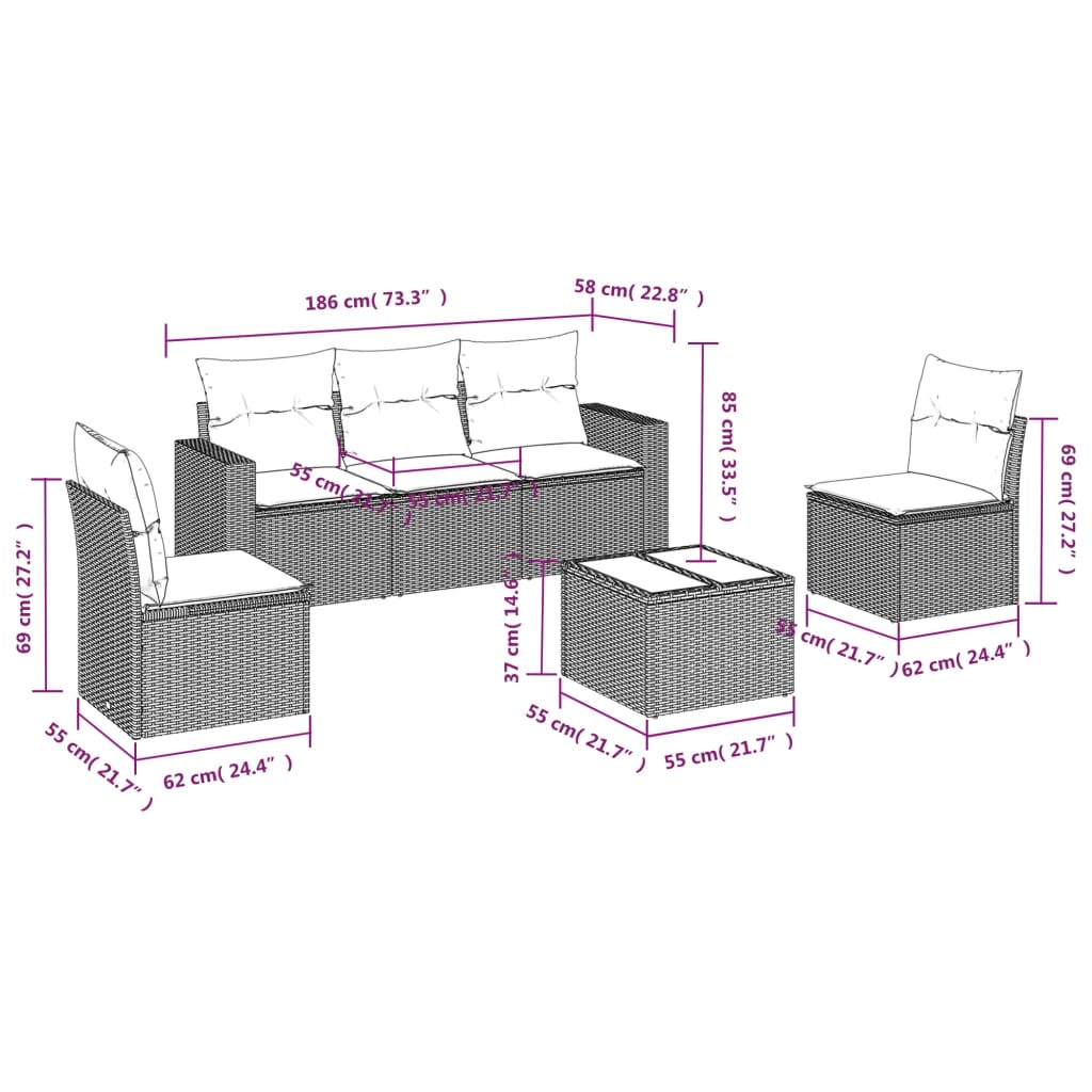 Set Divano da Giardino 6 pz con Cuscini Grigio in Polyrattan | homemem39