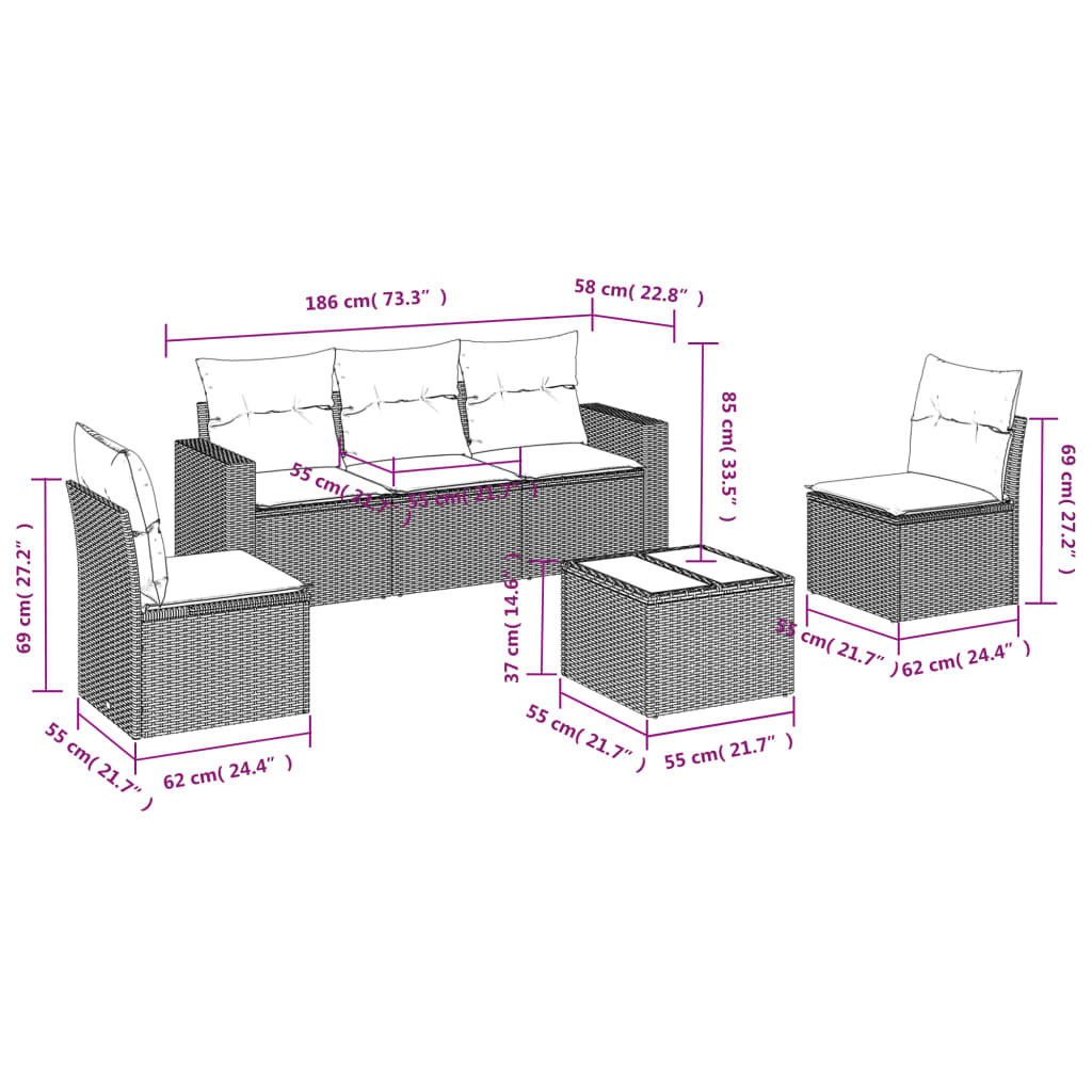 Set Divano da Giardino 6 pz con Cuscini Marrone in Polyrattan | homemem39