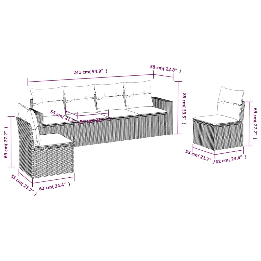 Set Divano da Giardino 6 pz con Cuscini Nero in Polyrattan | homemem39