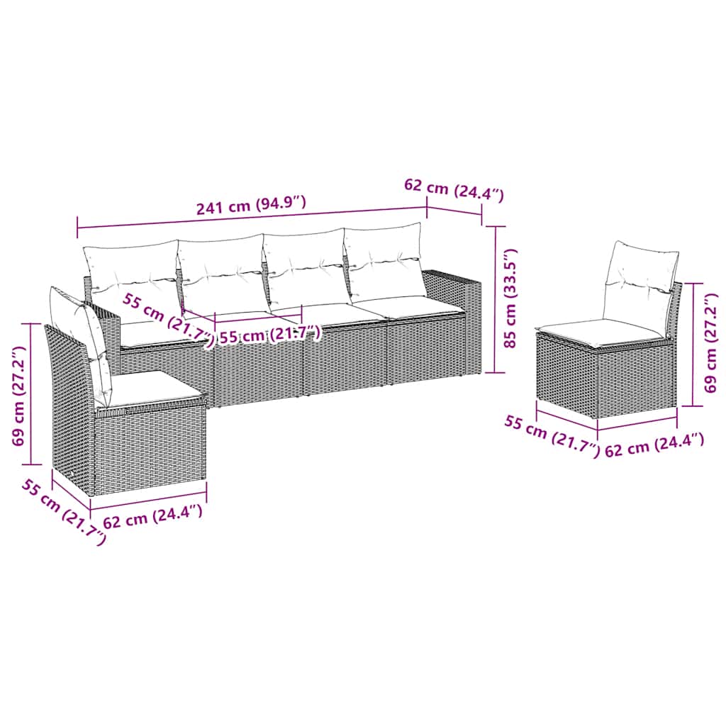 Set Divano da Giardino 6 pz con Cuscini Marrone in Polyrattan | homemem39