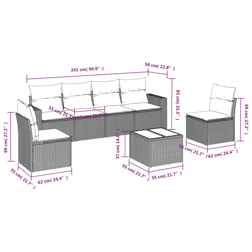 Set Divani da Giardino 7 pz con Cuscini Grigio in Polyrattan | homemem39