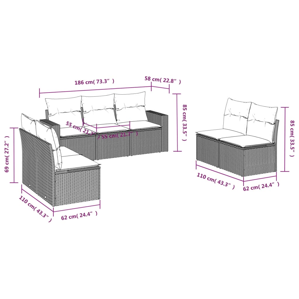 Set Divani da Giardino 7 pz con Cuscini Beige in Polyrattan | homemem39