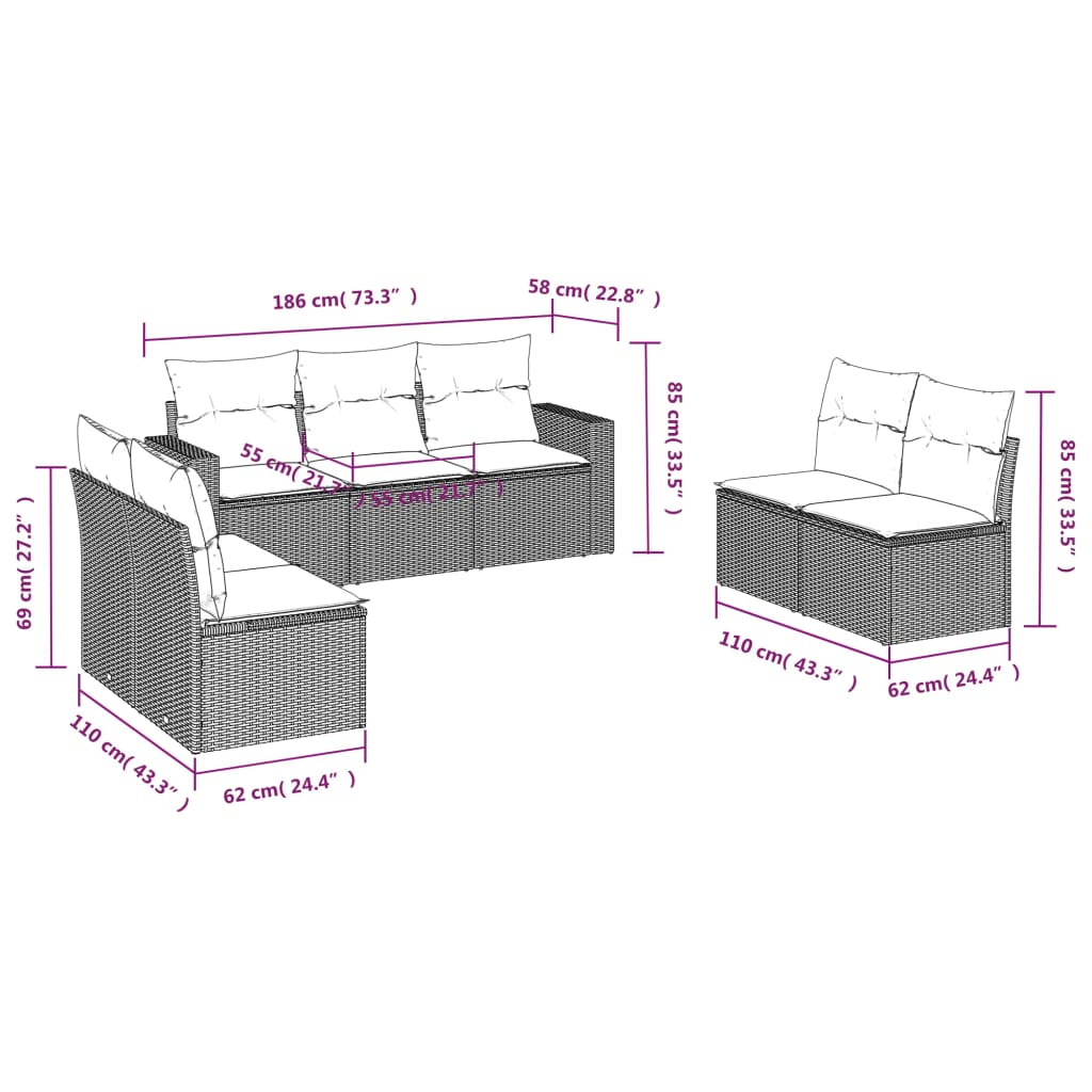 Set Divani da Giardino 7 pz con Cuscini Grigio in Polyrattan | homemem39