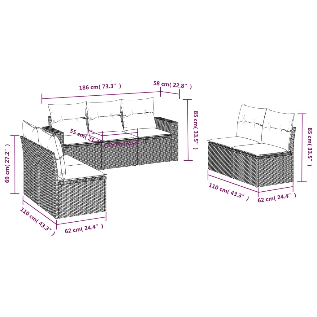 Set Divani da Giardino 7pz con Cuscini Grigio Chiaro Polyrattan | homemem39