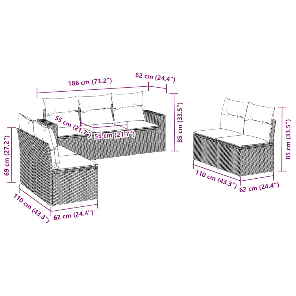 Set Divani da Giardino 7 pz con Cuscini Marrone in Polyrattan | homemem39