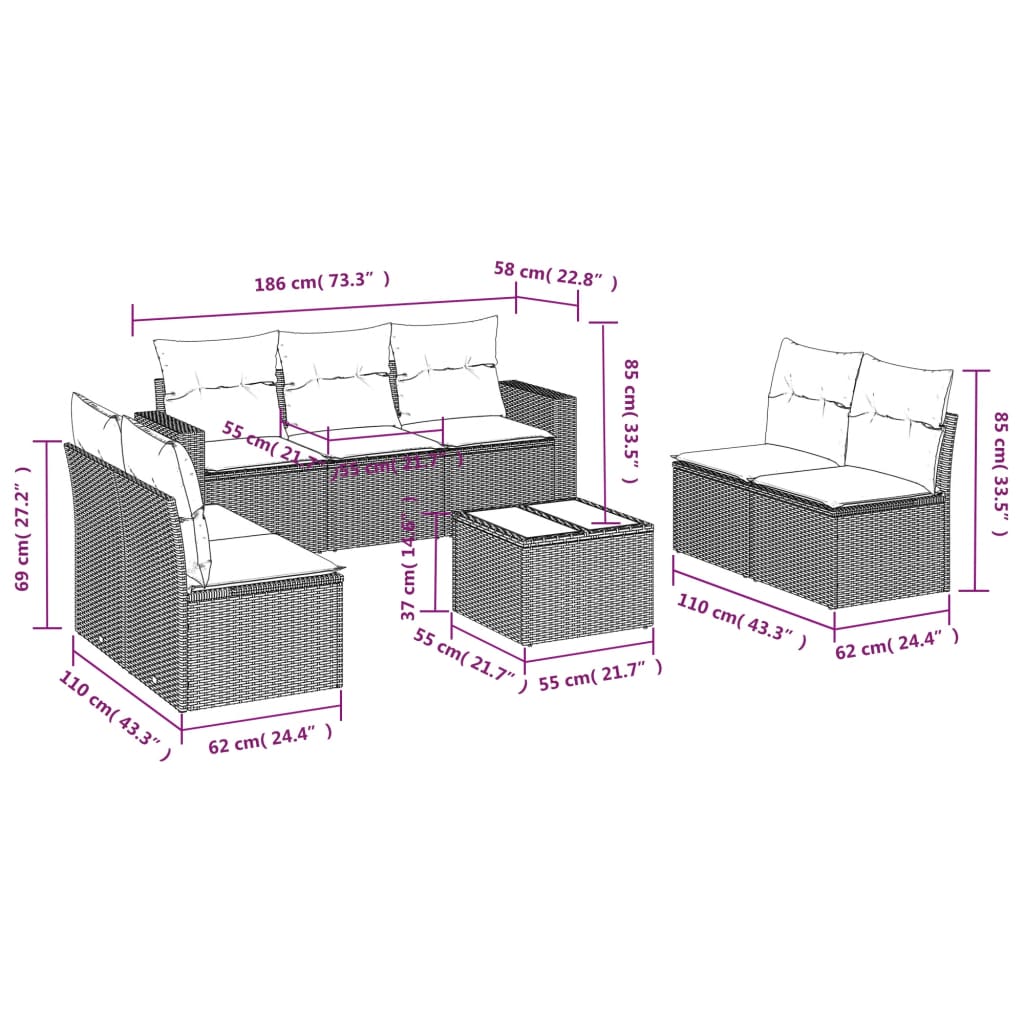 Set Divano da Giardino 8 pz con Cuscini Grigio in Polyrattan | homemem39