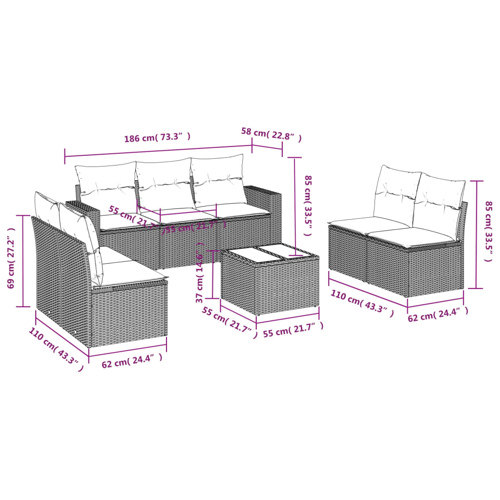 Set Divani da Giardino 8 pz con Cuscini Marrone in Polyrattan | homemem39