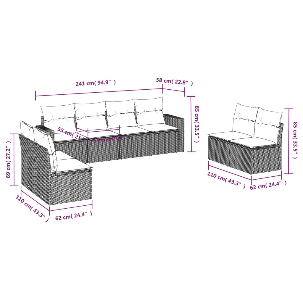 Set Divano da Giardino 8 pz con Cuscini Grigio in Polyrattan | homemem39