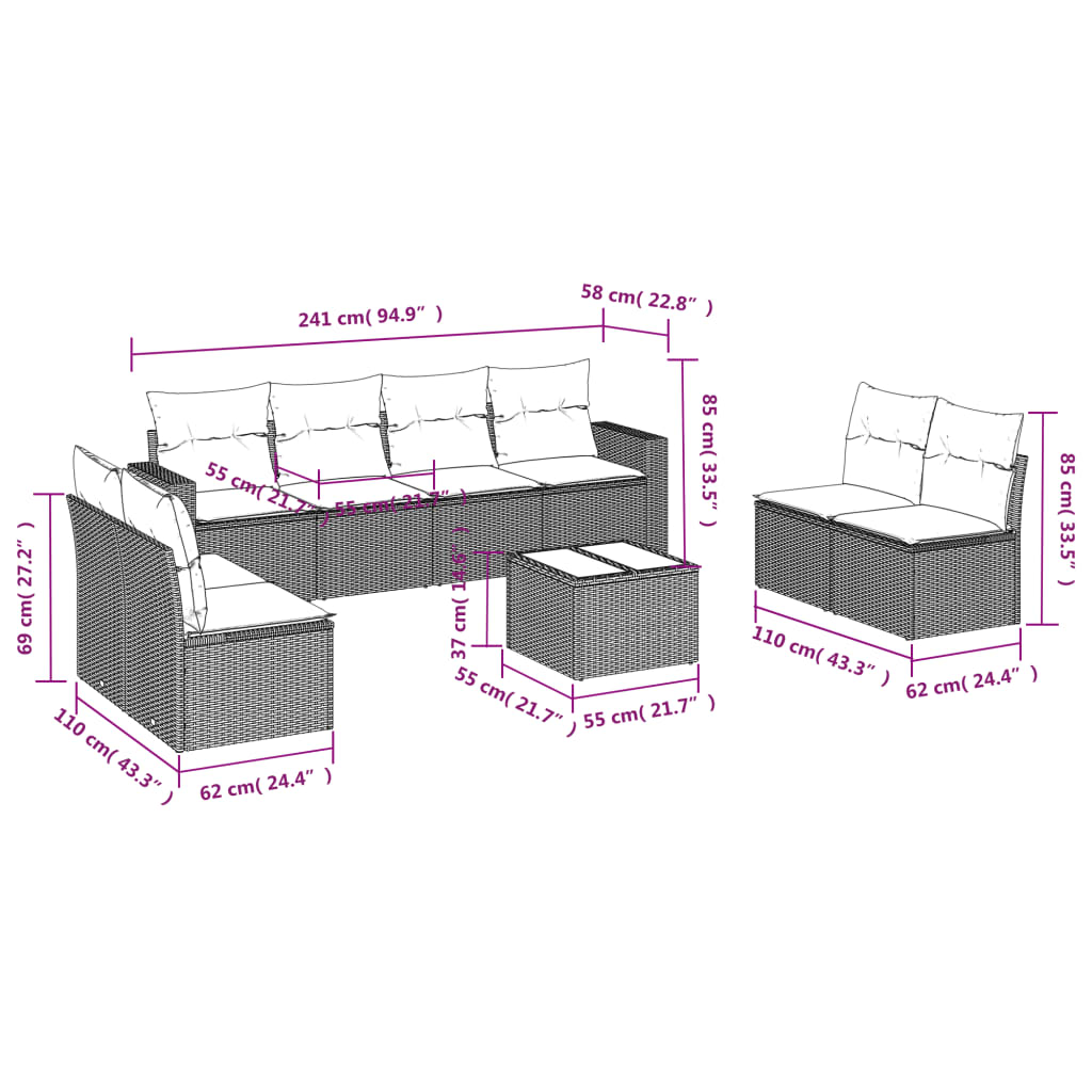 Set Divano da Giardino 9pz con Cuscini Grigio Chiaro Polyrattan | homemem39