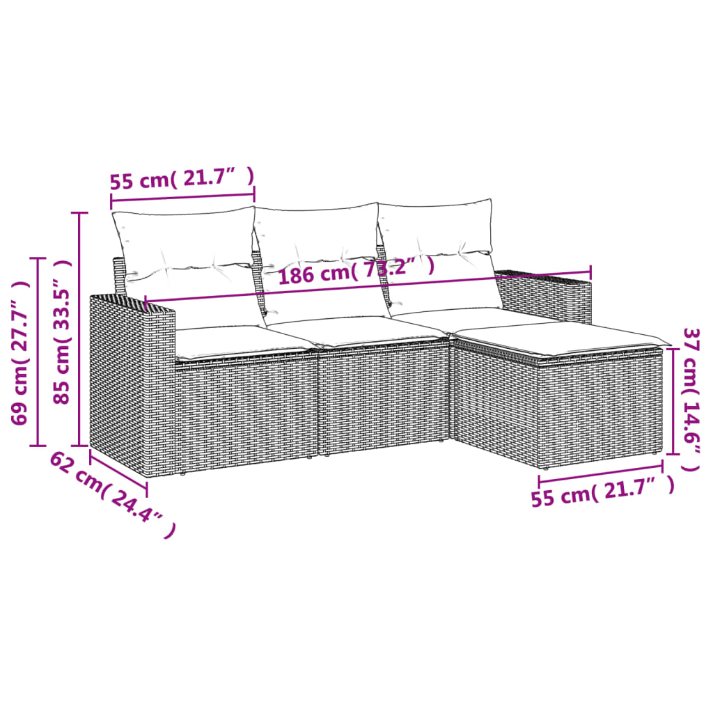 Set Divani da Giardino 4 pz con Cuscini Nero in Polyrattan | homemem39
