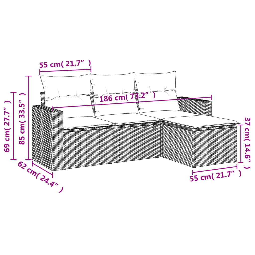Set Divani da Giardino 4 pz con Cuscini in Polyrattan Grigio | homemem39