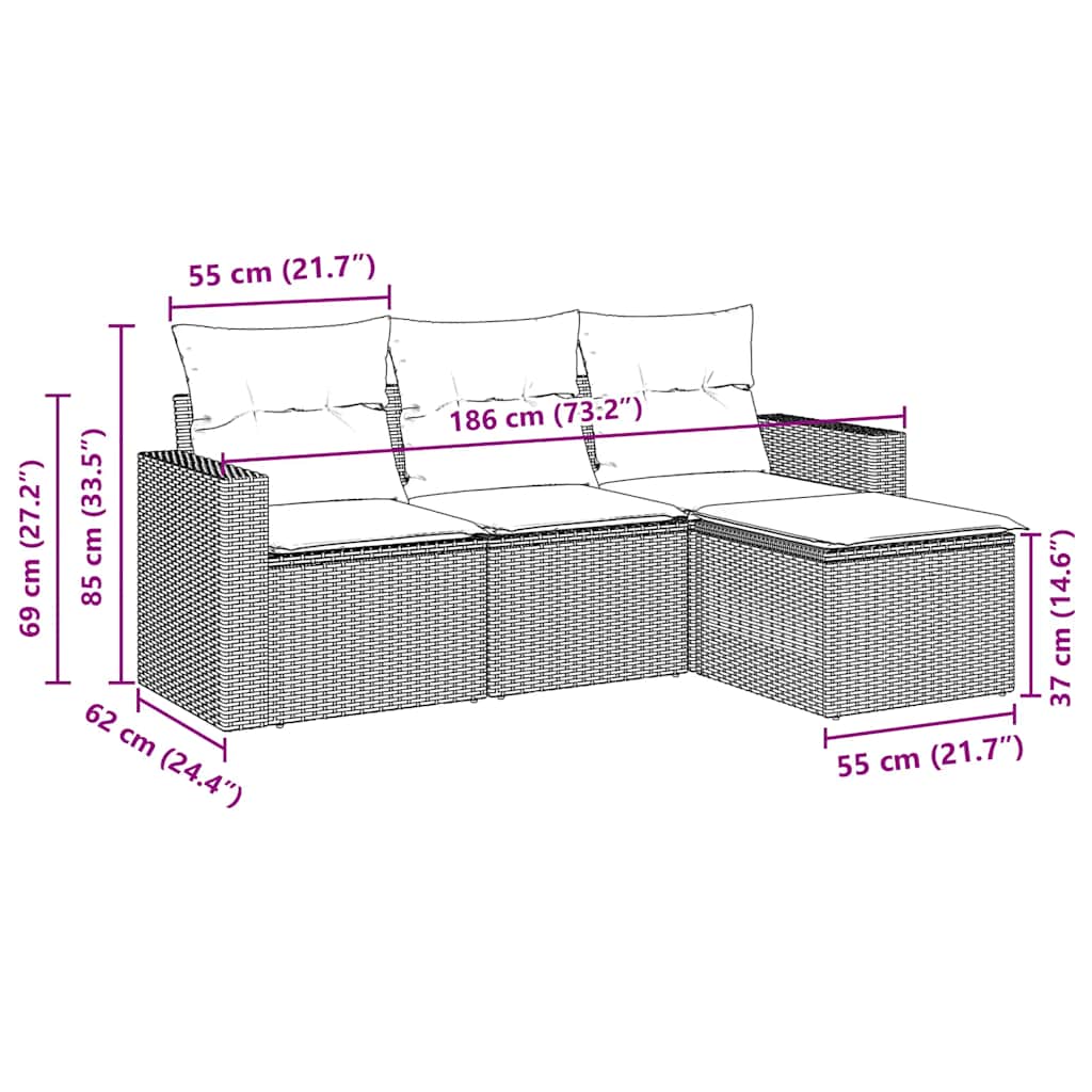 Set Divano da Giardino 4 pz con Cuscini Marrone in Polyrattan | homemem39
