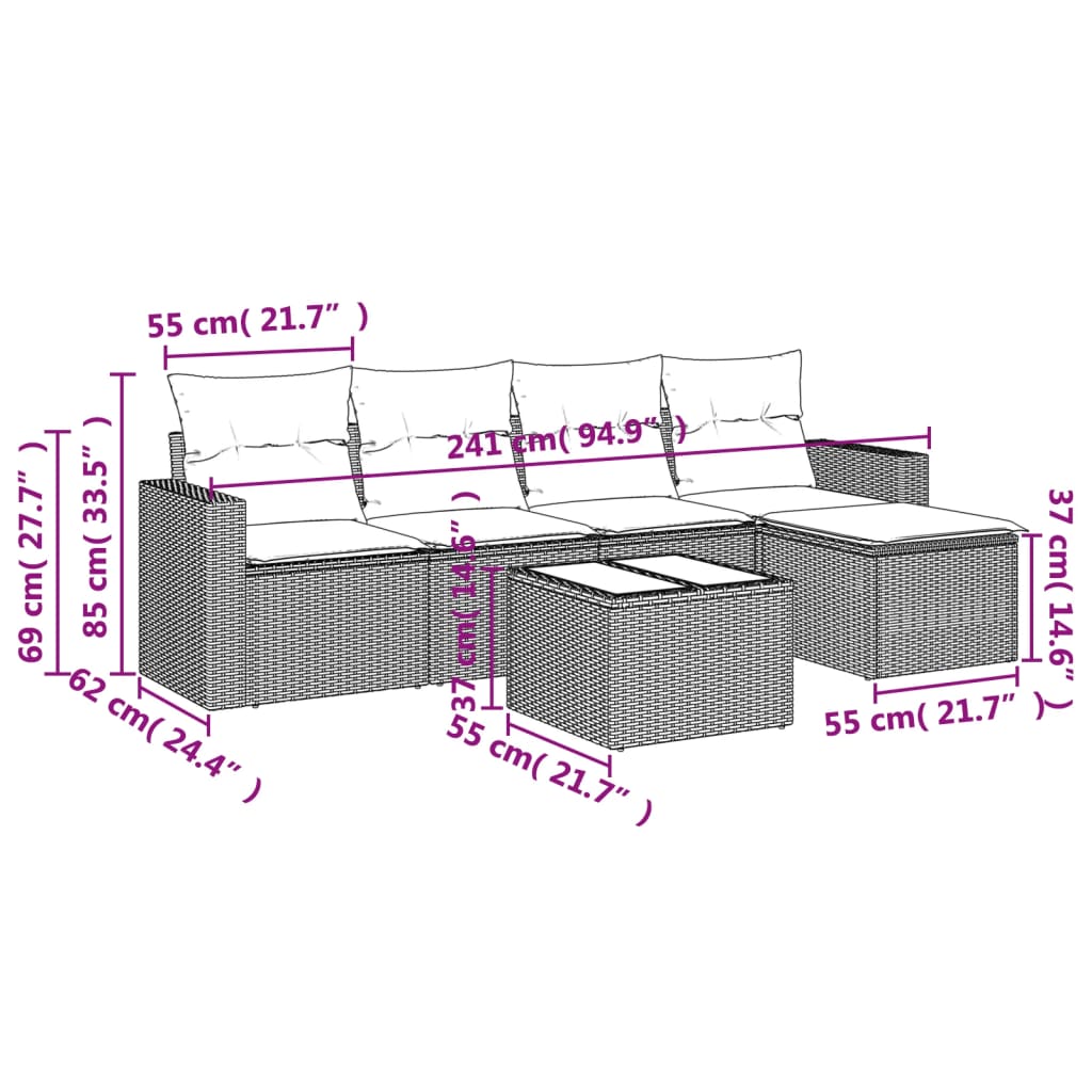 Set Divano da Giardino 6 pz con Cuscini Grigio in Polyrattan | homemem39