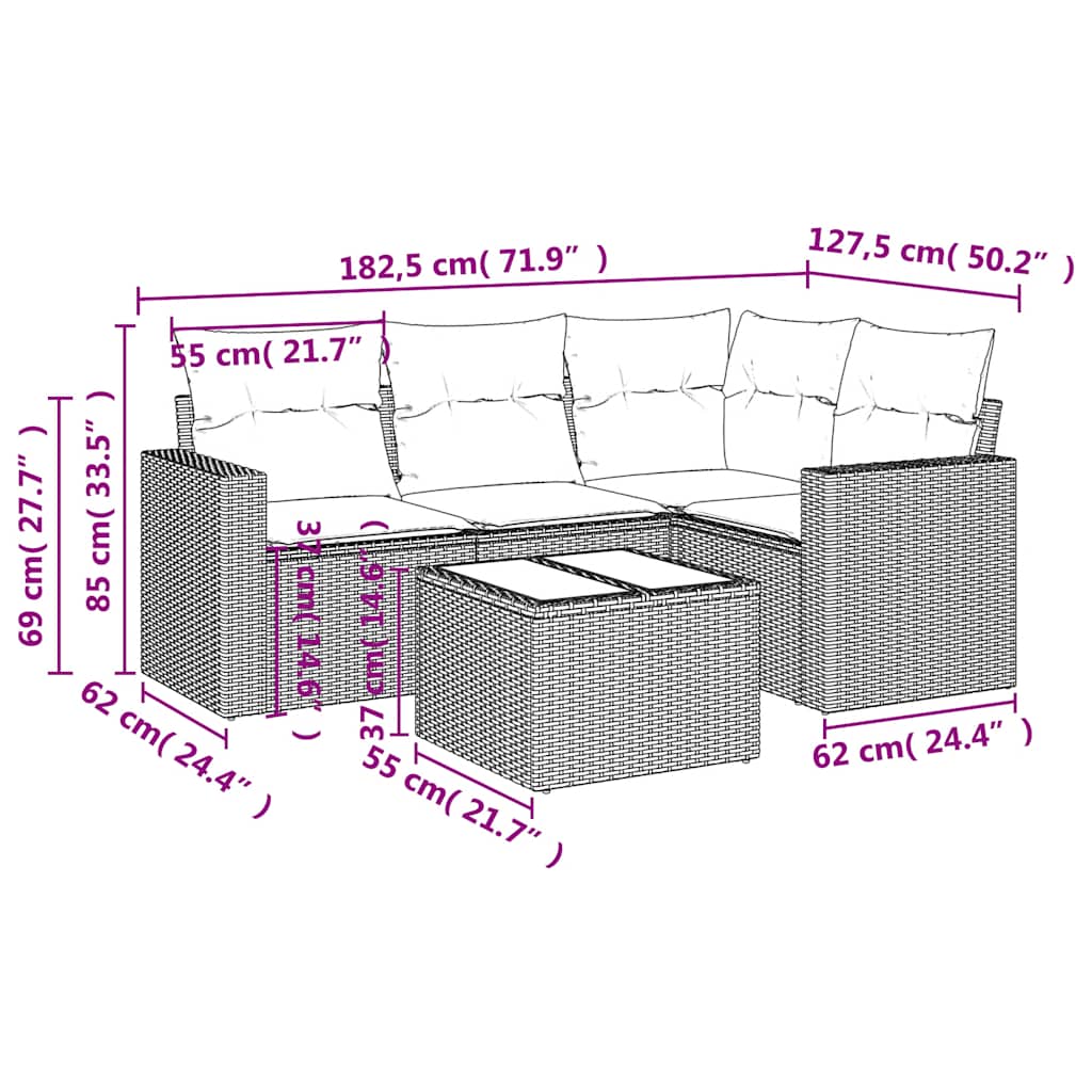 Set Divano da Giardino 5pz con Cuscini Grigio Chiaro Polyrattan | homemem39