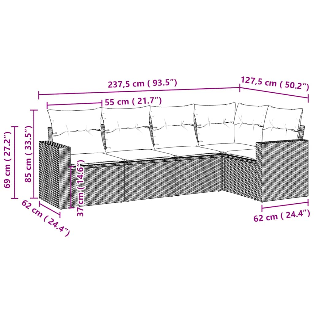 Set Divano da Giardino 5pz con Cuscini Grigio Chiaro Polyrattan | homemem39