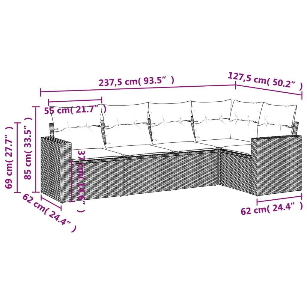 Set Divano da Giardino 5 pz con Cuscini Marrone in Polyrattan | homemem39