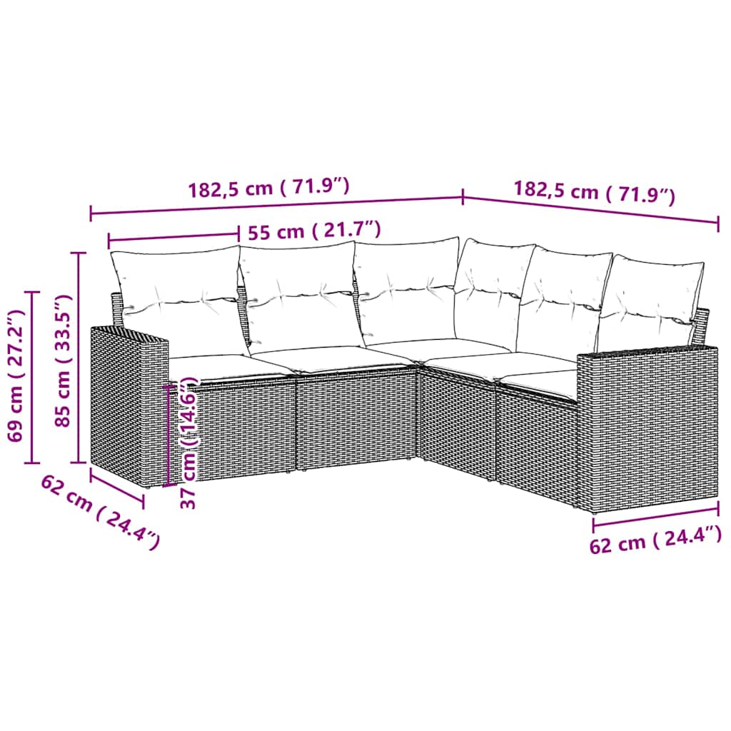 Set Divano da Giardino 5pz con Cuscini Grigio Chiaro Polyrattan | homemem39