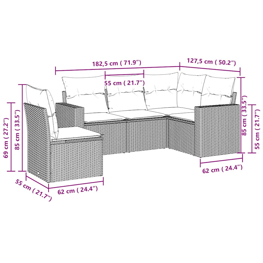 Set Divano da Giardino 5pz con Cuscini Grigio Chiaro Polyrattan | homemem39