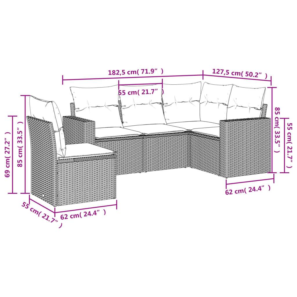 Set Divano da Giardino 5 pz con Cuscini Marrone in Polyrattan | homemem39