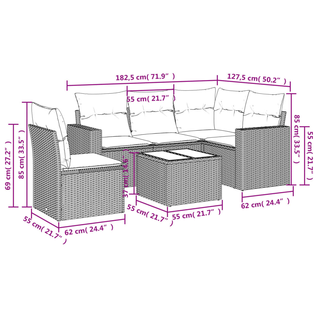 Set Divani da Giardino 6 pz con Cuscini Marrone in Polyrattan | homemem39