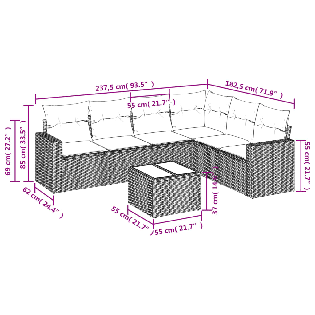 Set Divani da Giardino 7 pz con Cuscini Grigio in Polyrattan | homemem39