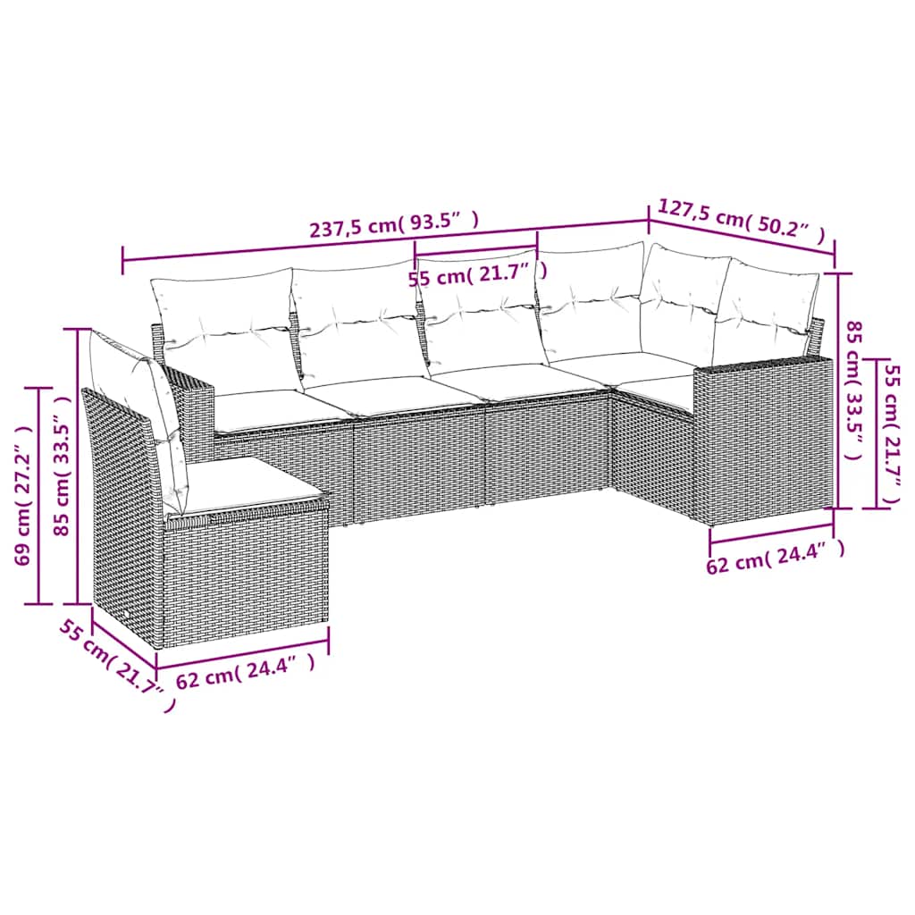 Set Divano da Giardino 6 pz con Cuscini Nero in Polyrattan | homemem39