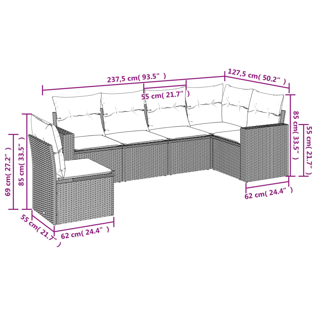 Set Divani da Giardino 6 pz con Cuscini Marrone in Polyrattan | homemem39