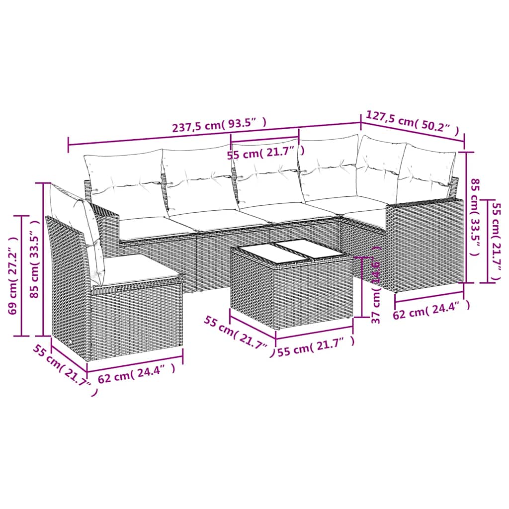 Set Divani da Giardino con Cuscini 7pz Nero Polyrattan