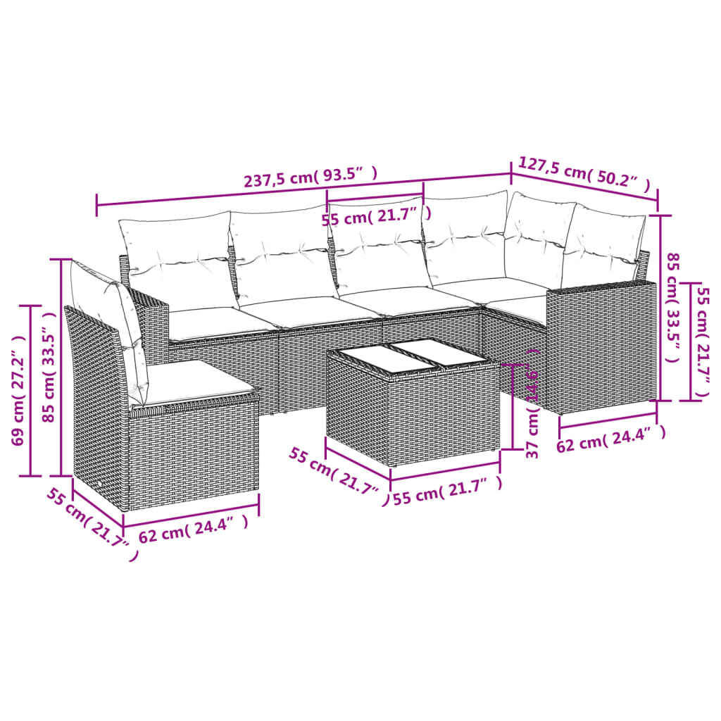Set Divano da Giardino 7pz con Cuscini Marrone in Polyrattan | homemem39