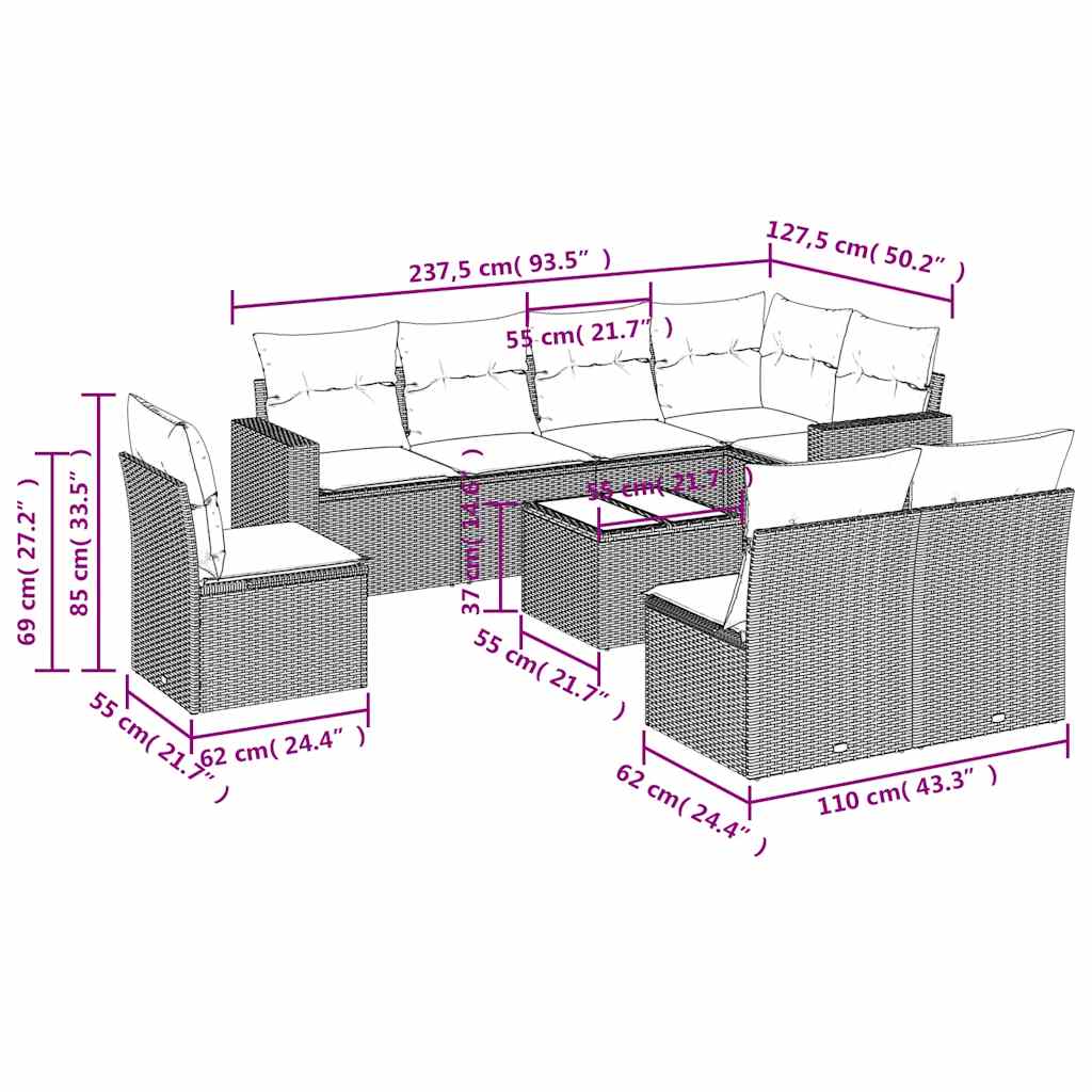 Set Divani da Giardino 9 pz con Cuscini Nero in Polyrattan | homemem39