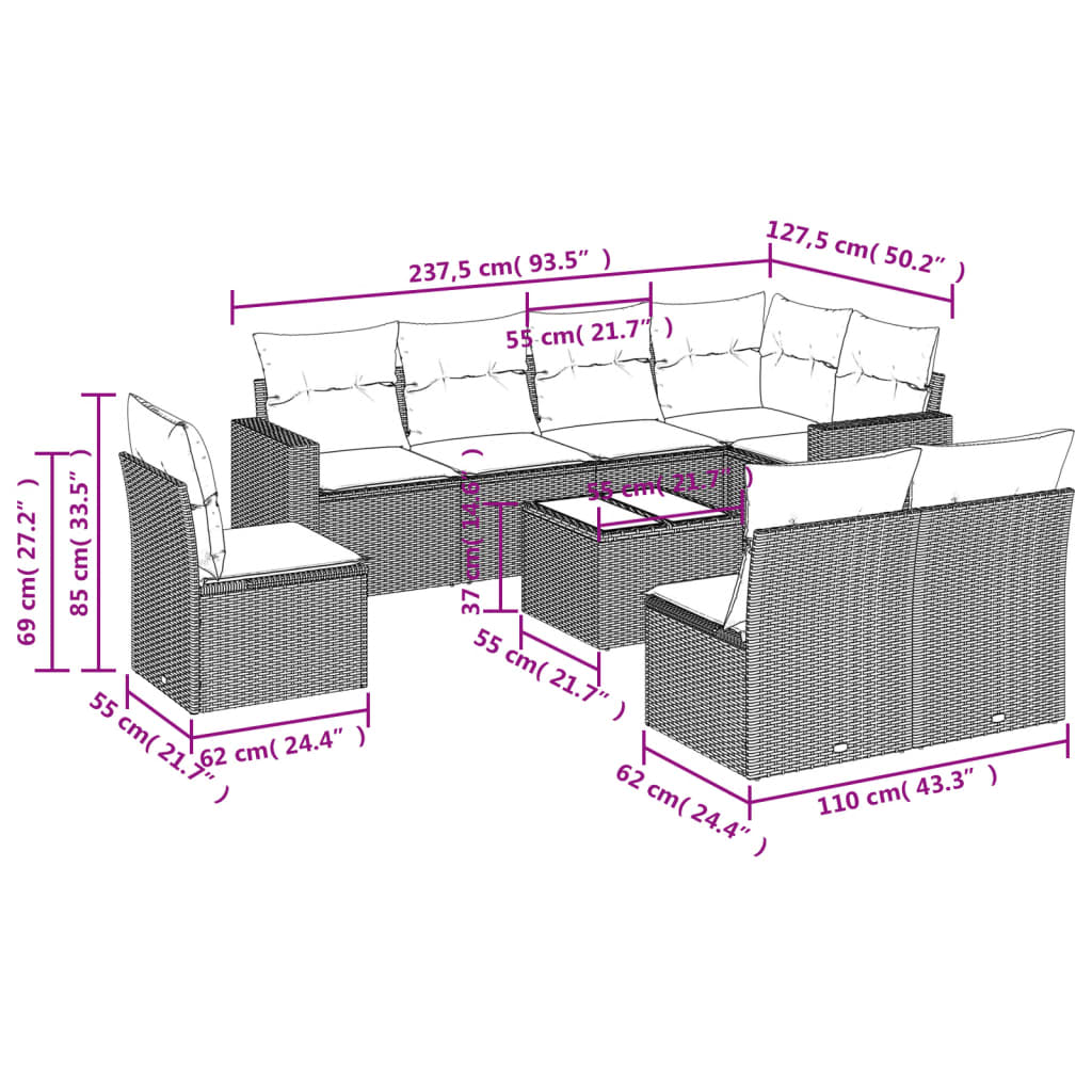 Set Divani da Giardino 9 pz con Cuscini Nero in Polyrattan | homemem39