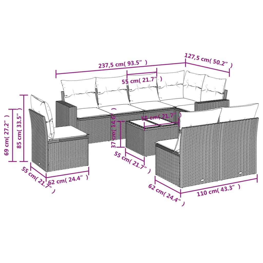 Set Divani da Giardino 9pz con Cuscini Marrone in Polyrattan | homemem39