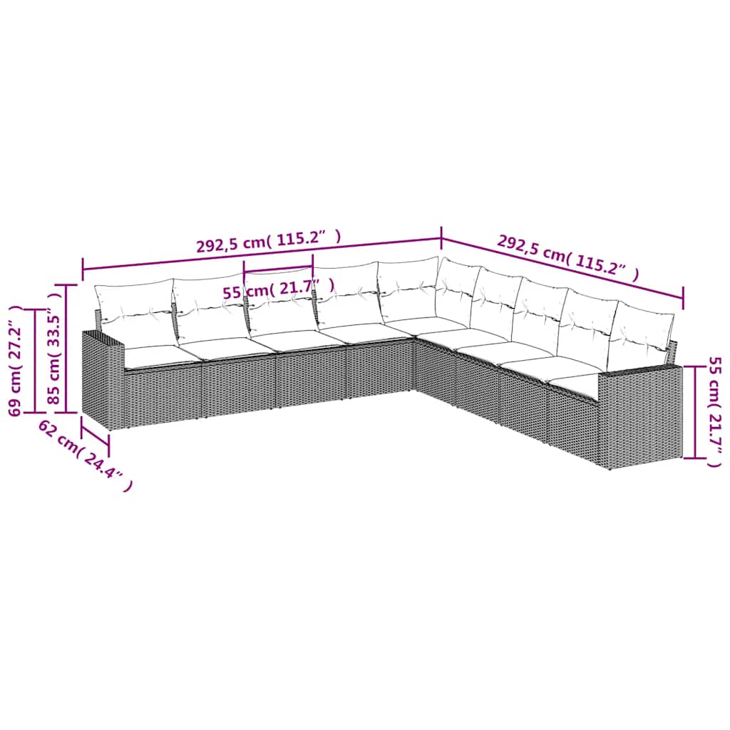 Set Divani da Giardino 9 pz con Cuscini Nero in Polyrattan | homemem39