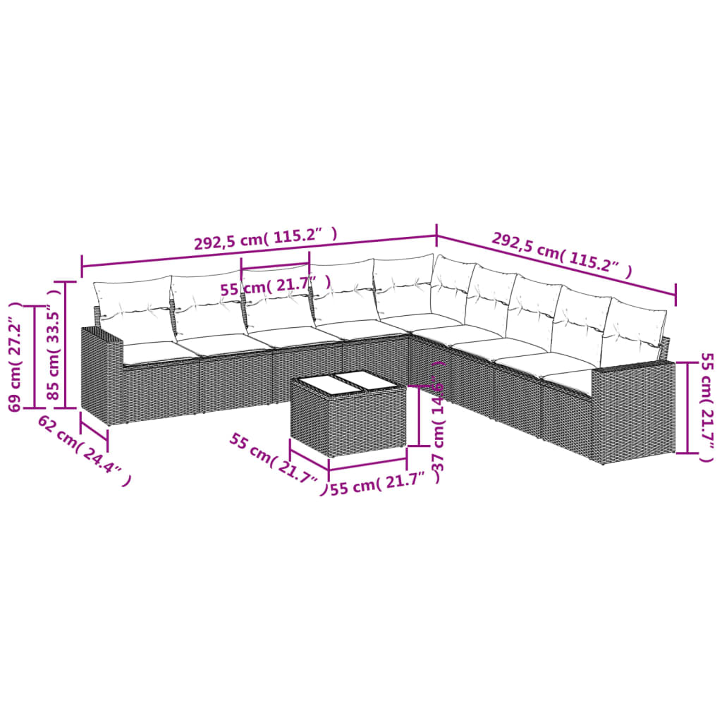 Set Divani da Giardino 10pz con Cuscini in Polyrattan Nero | homemem39