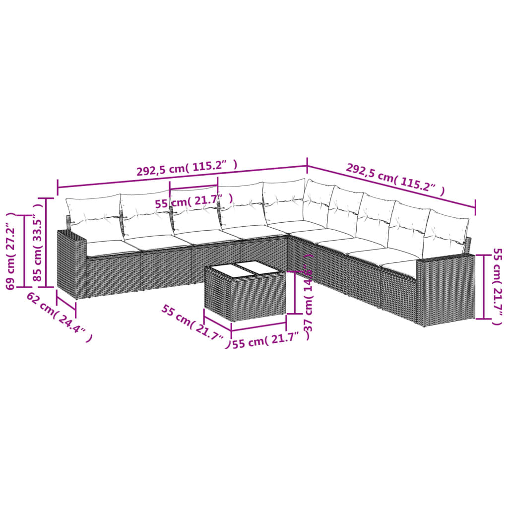 Set Divani da Giardino 10pz con Cuscini in Polyrattan Nero | homemem39