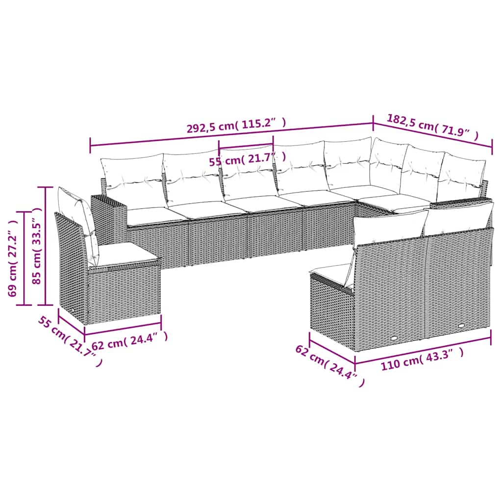 Set Divani da Giardino 10pz con Cuscini in Polyrattan Nero | homemem39