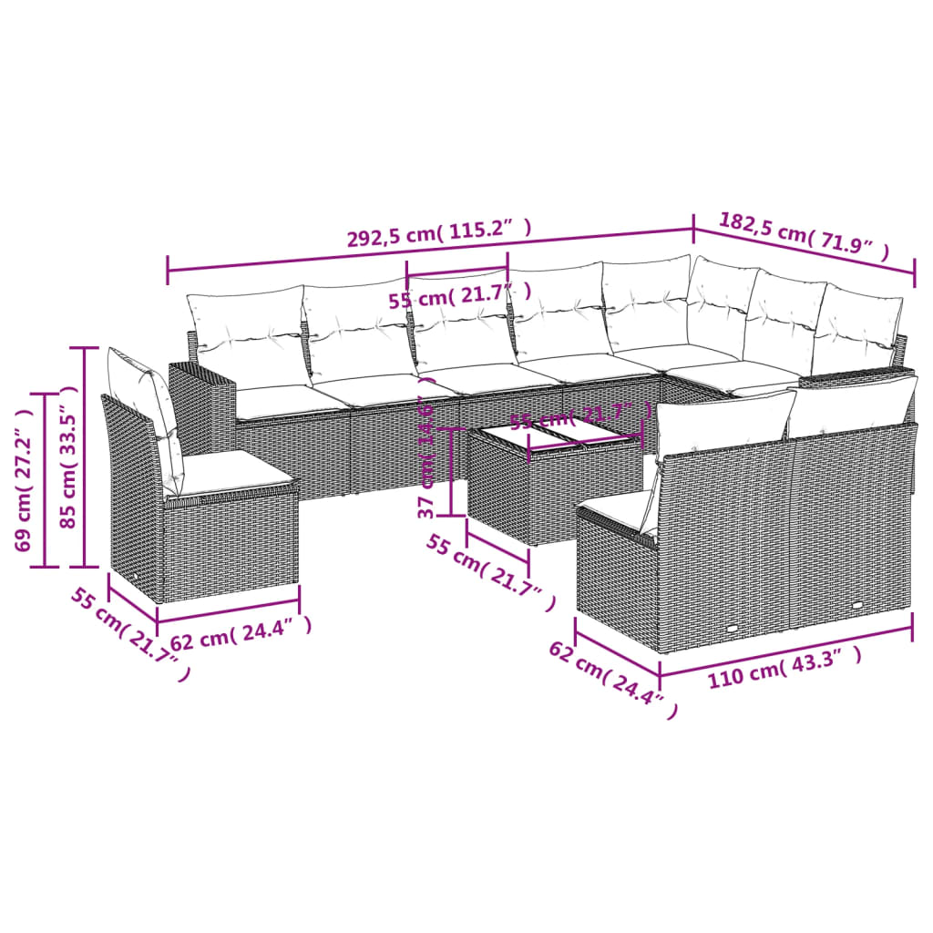 Set Divani da Giardino 11 pz con Cuscini in Polyrattan Grigio | homemem39