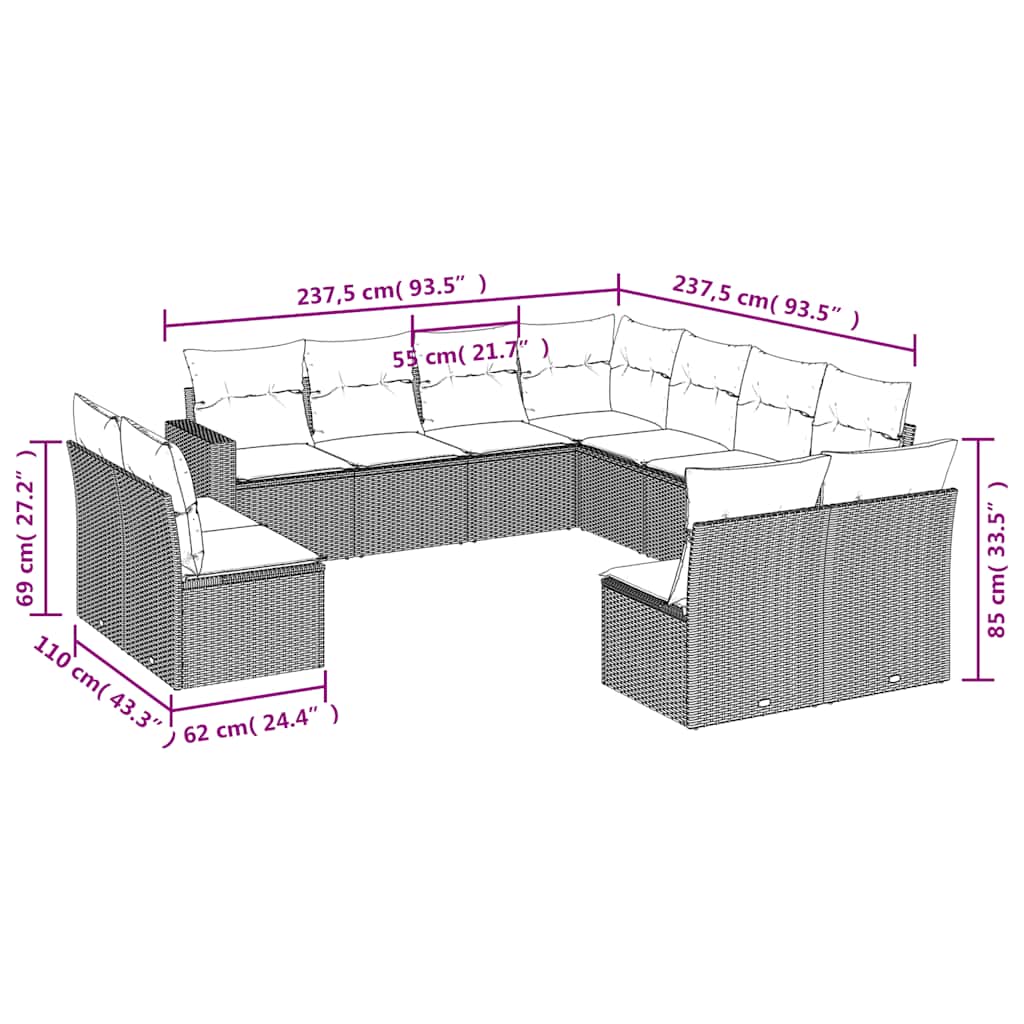 Set Divani da Giardino 11 pz con Cuscini in Polyrattan Nero | homemem39