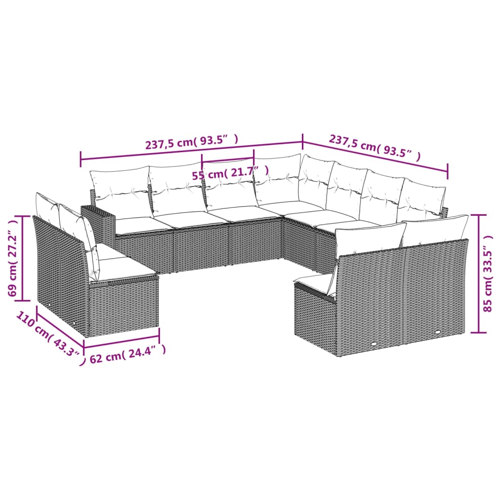 Set Divani da Giardino 11 pz con Cuscini in Polyrattan Grigio | homemem39