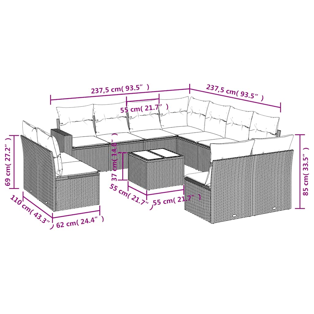 Set Divani da Giardino 12 pz con Cuscini Nero in Polyrattan | homemem39