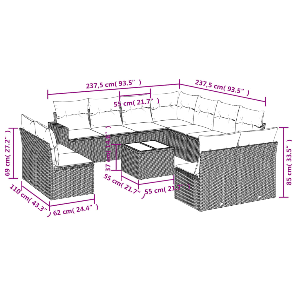 Set Divano Giardino 12 pz con Cuscini Grigio Chiaro Polyrattan | homemem39