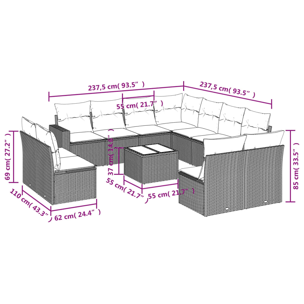 Set Divani da Giardino 12 pz con Cuscini Marrone in Polyrattan | homemem39
