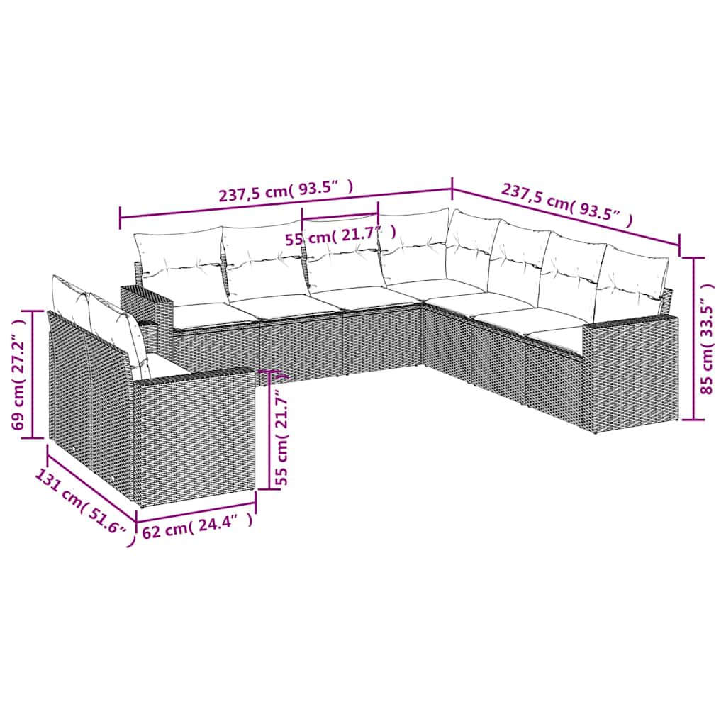 Set Divani da Giardino 9 pz con Cuscini Nero in Polyrattan | homemem39