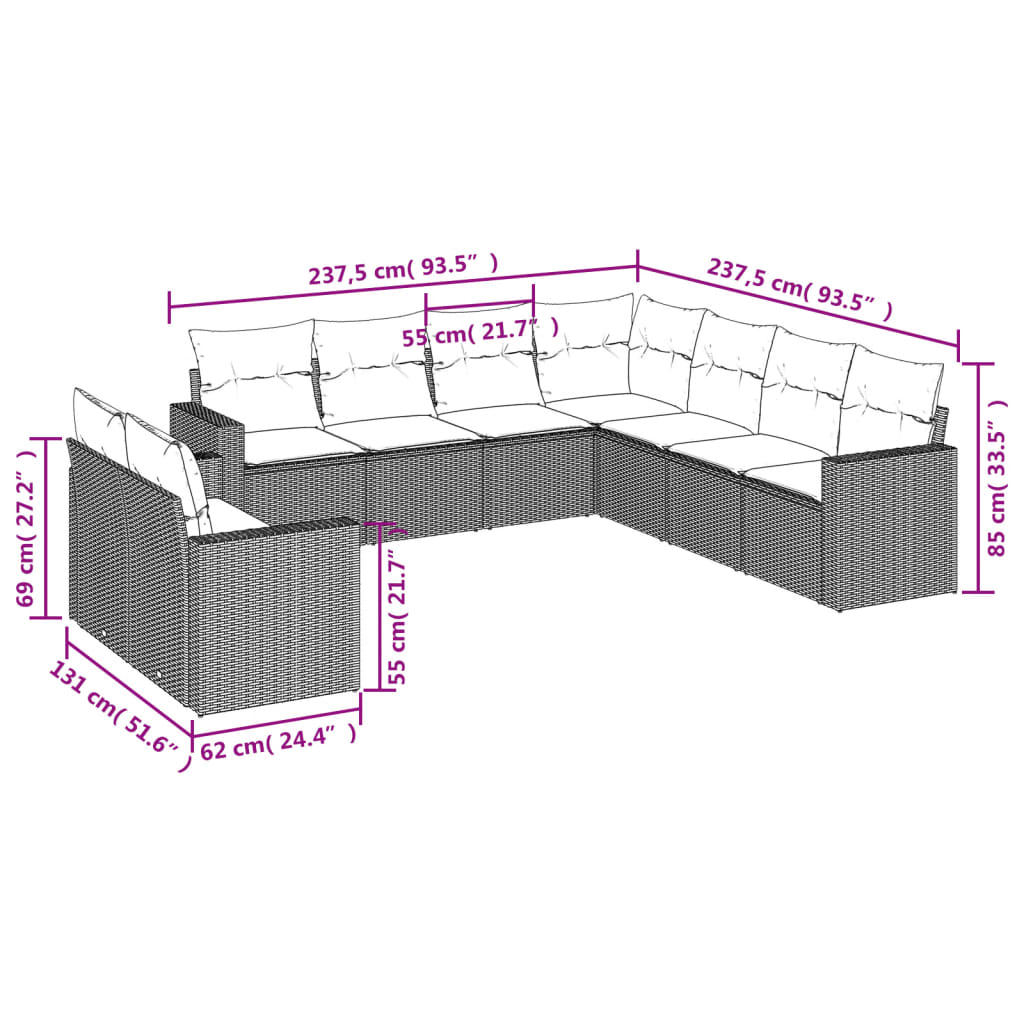 Set Divano da Giardino 9pz con Cuscini Grigio Chiaro Polyrattan | homemem39