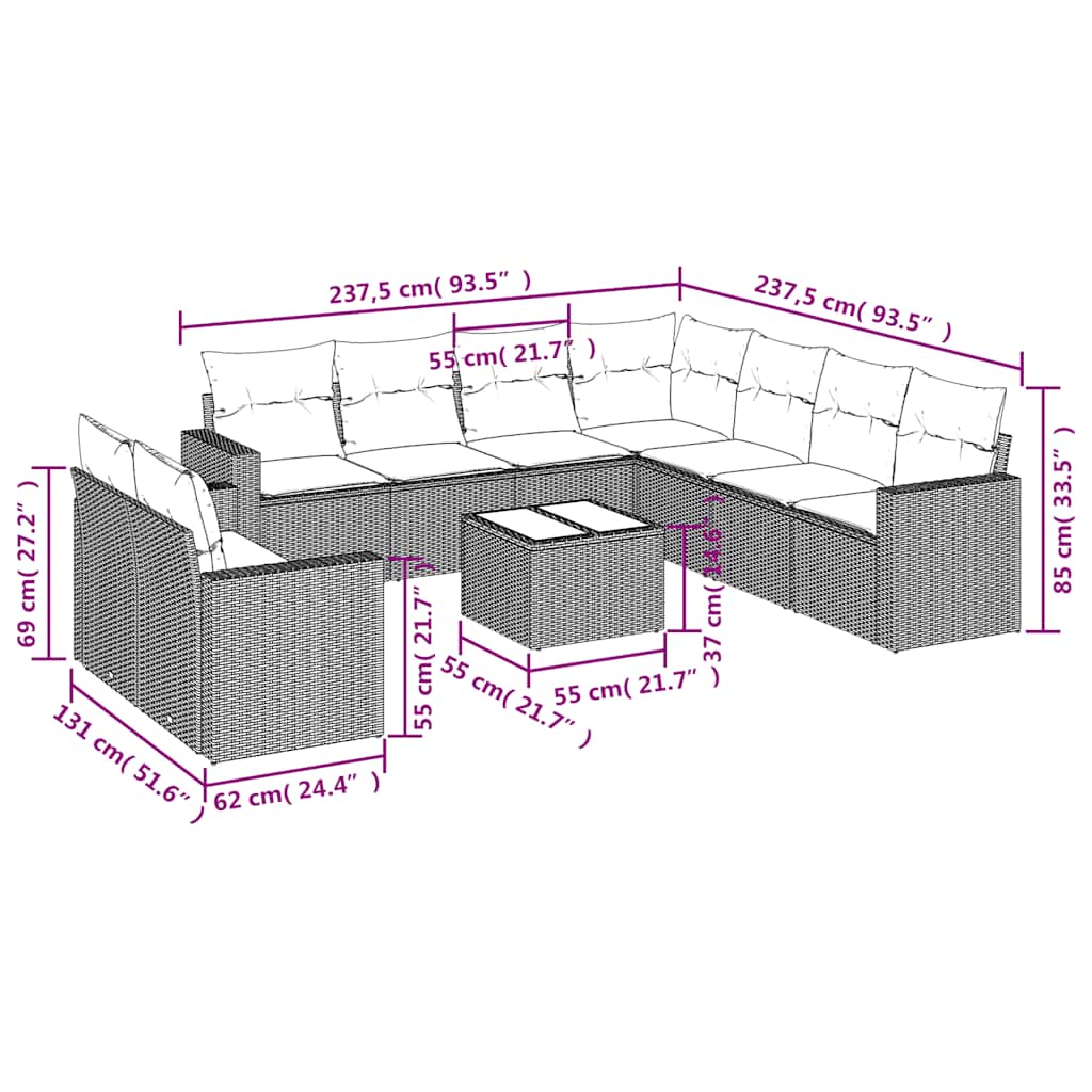 Set Divani da Giardino 10pz con Cuscini in Polyrattan Nero | homemem39