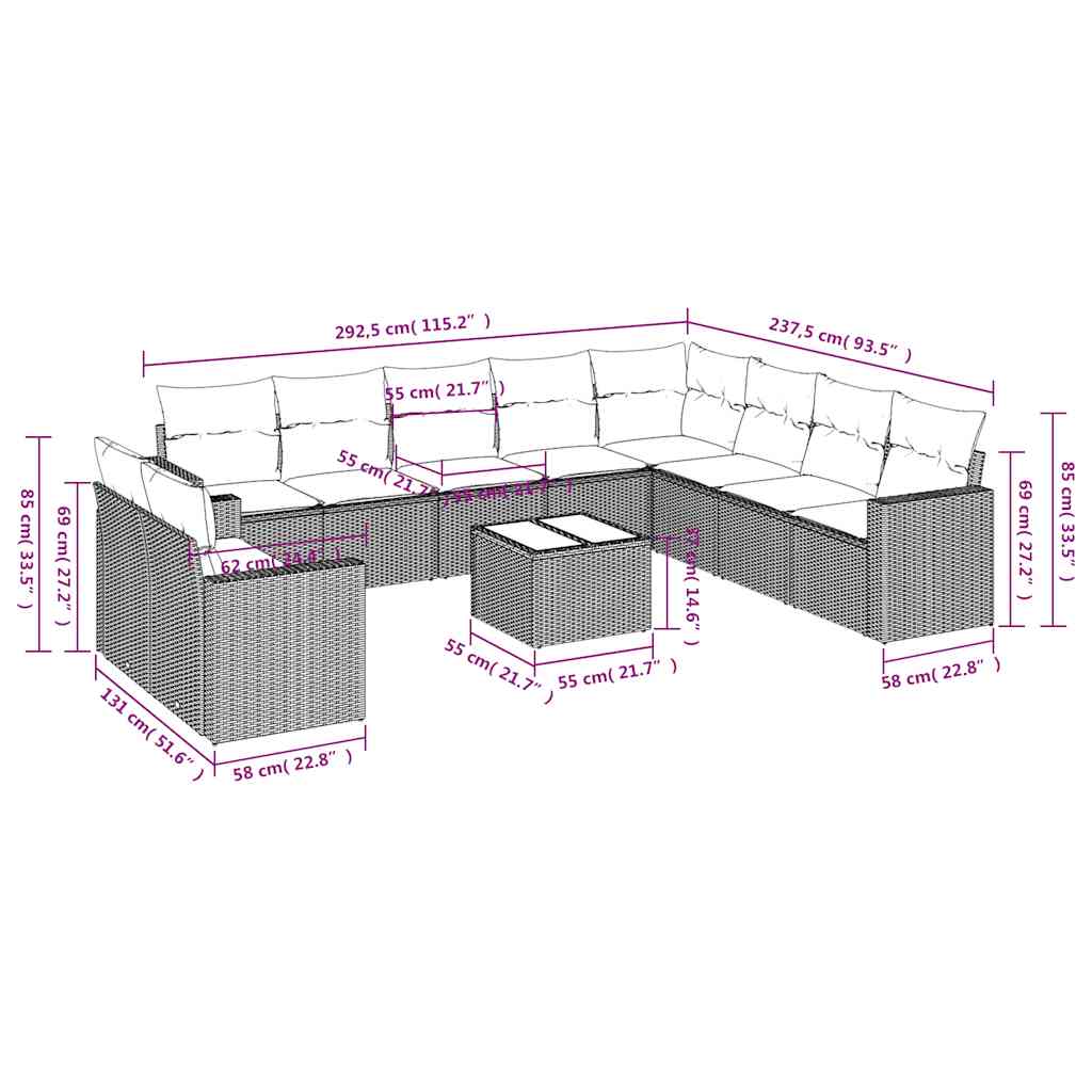 Set Divani da Giardino 11 pz con Cuscini in Polyrattan Nero | homemem39