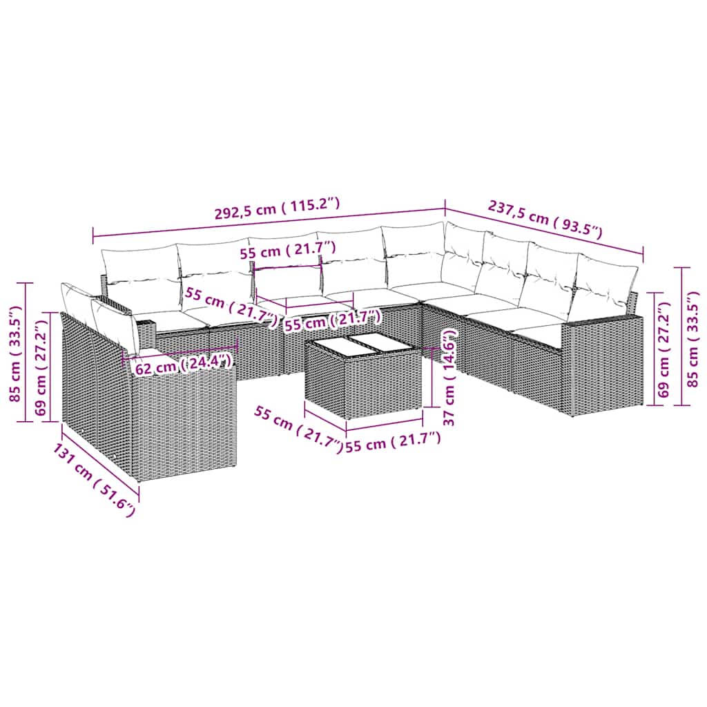 Set Divani da Giardino 11 pz con Cuscini in Polyrattan Grigio | homemem39