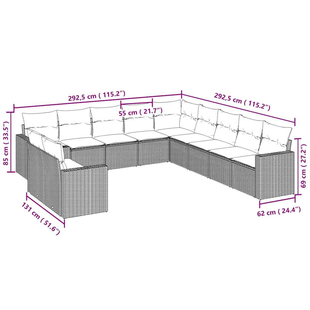 Set Divani da Giardino 11 pz con Cuscini in Polyrattan Grigio