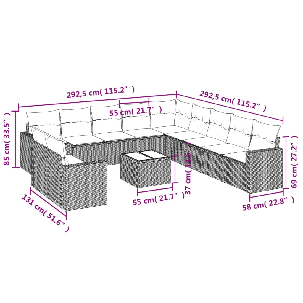 Set Divani da Giardino 12 pz con Cuscini Beige in Polyrattan | homemem39